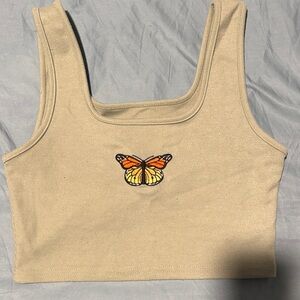Butterfly Embroidered Tan Crop Top